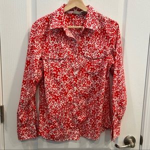 L.L. Bean M Blouse Red White Leaf Long Slv. Button Up Stretch Cotton Flap Pocket